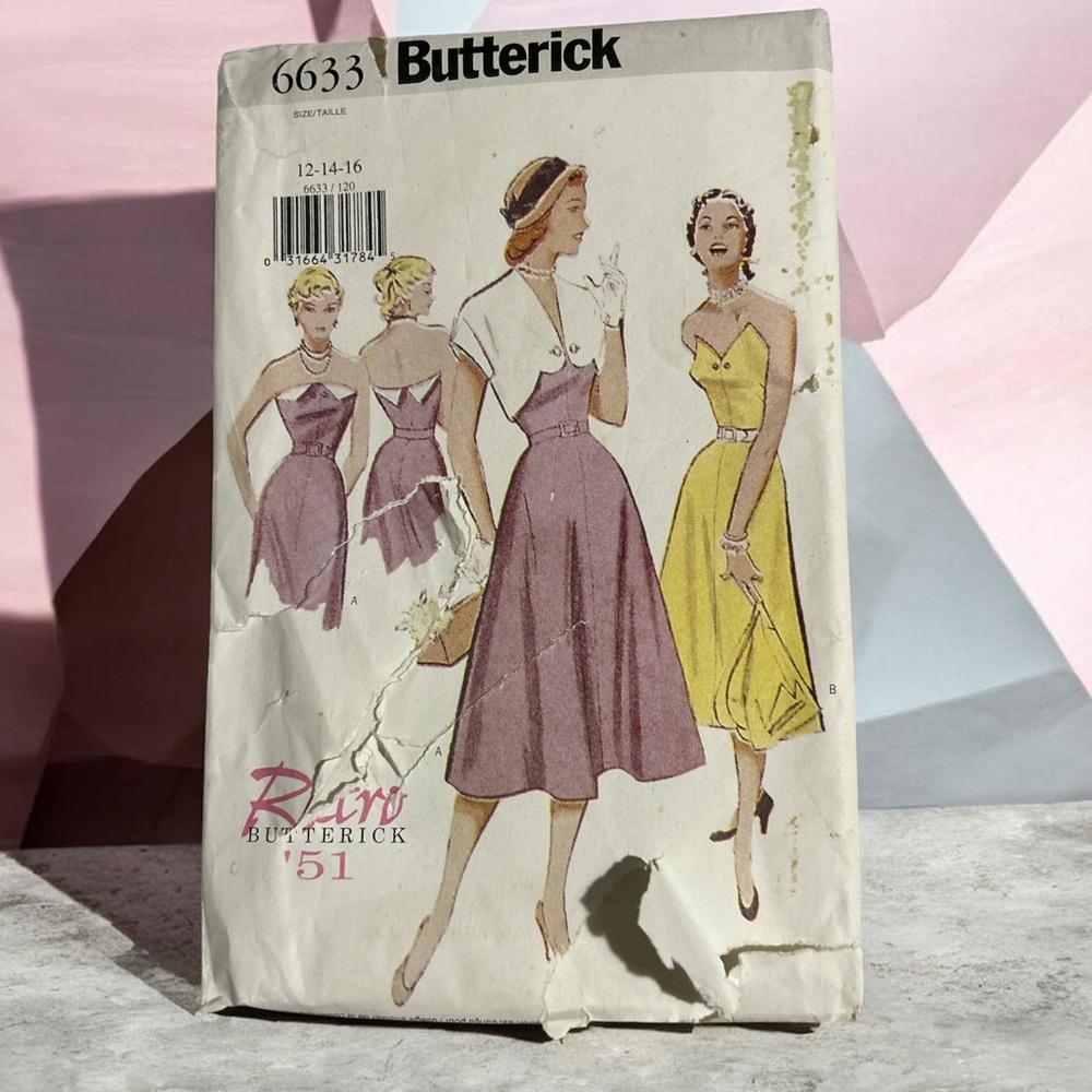 Retro 1951 Butterick 6633 vintage dress pattern strapless dress with bolero